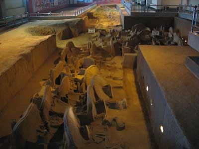 中国河南省三門峡にある、かく国墓博物館の周代副葬品の埋葬状態展示「車馬坑」