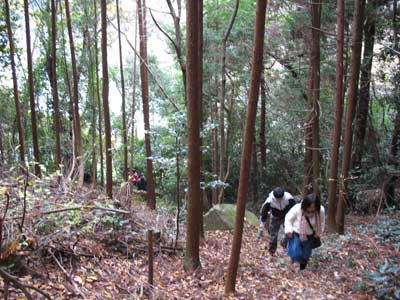 滋賀県琵琶湖の沖島南岸にある弁天神社付近の山道を登る島会参加者