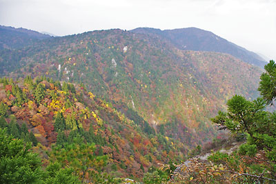 全山紅葉で色づく、滋賀県西部に連なる比良山脈の一景