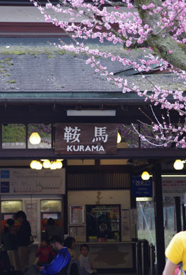 峠会の終点で京都市街帰還の足となる叡山電鉄の鞍馬駅駅舎と駅前の梅の花
