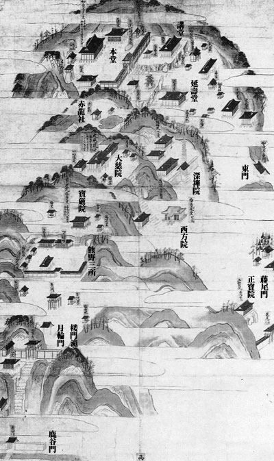 鎌倉末期の園城寺蔵『境内古図（如意寺幅）』に堂宇名を加え白黒化した画像