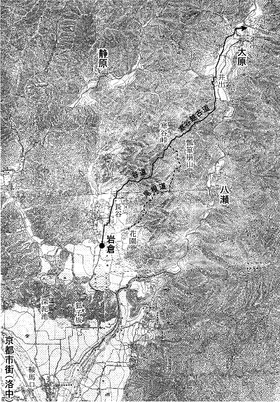大日本帝国陸軍陸地測量部編『仮製二万分之一地形図』（明治22〈1889〉年測。4図合成加筆）に示す、京都・岩倉と大原間をゆく峠会ルート