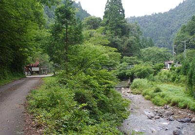 京都府北部・芦生の山間にある、京都大学芦生研究林（京大演習林）入口付近の道路と由良川上流支流