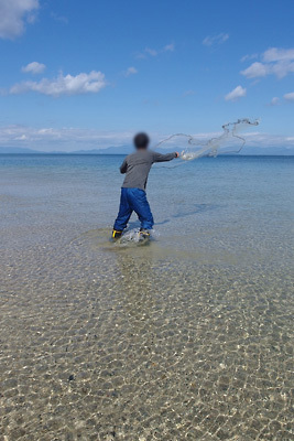 場所も天候も素晴らしい滋賀県琵琶湖西岸の浜で、投網を放つ網会参加者