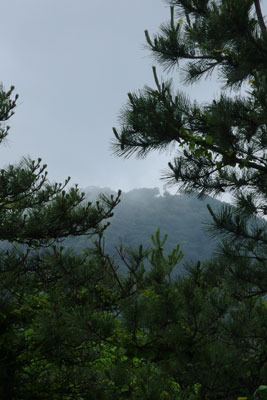 山腹の車道終点から見た鳥取県西部伯耆地方にある孝霊山の山頂