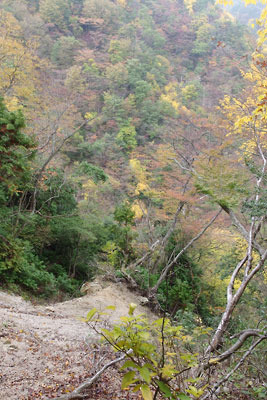 滋賀県西部・比良山脈北部の「八ツ淵の滝」を巻く登山路途中に現れた、近年の崩落箇所