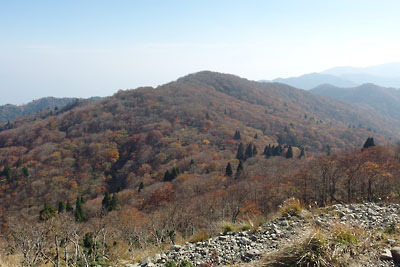 滋賀県西部・比良山脈の最高峰「武奈ヶ岳」山頂から見た、比良山脈第2位のコヤマノ岳とその付近に広がる紅葉