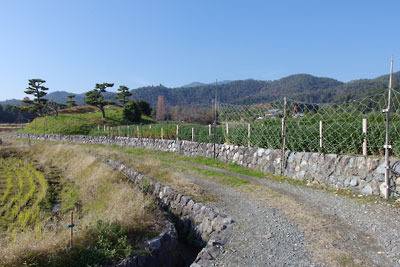 農道の先に見える、京都市街北西・嵯峨野「七ツ塚古墳」の内の1基