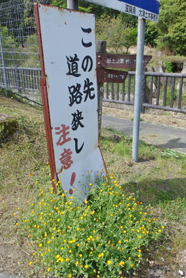滋賀県南部・湖南アルプス太神山麓の停留所近くにある、足元を春の花に飾られた昭和風情をもつ看板標識