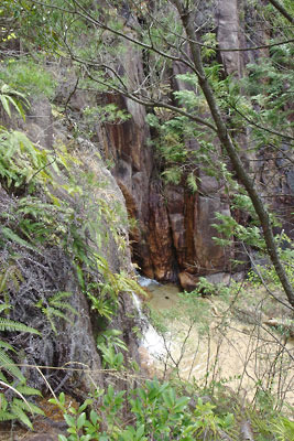 滋賀県湖南アルプス太神山中の野営地へ向かう途中の登山道脇にある滝（壺）