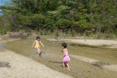 滋賀県南部・湖南アルプス太神山中の野営地近くの沢に作られた手作り堰堤で水着になり遊ぶ子供たち