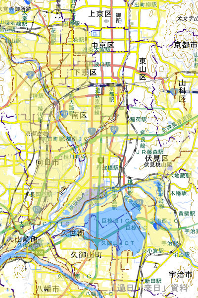 現代の京都と巨椋池関連図（国土地理院・地理空間情報部より利用確認済。同院「明治期の低湿地図」を加筆・編集。転載・二次利用不可）