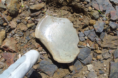 安祥寺山北尾根遺構付近で発見した緑釉耳皿の上面
