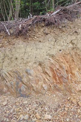 安祥寺山北尾根遺構の掘削面に見える、地山上に施された2層の盛土