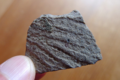 安祥寺山北尾根鞍部の林道切通し近くで発見した表面に縄目がある古い土器か�b器