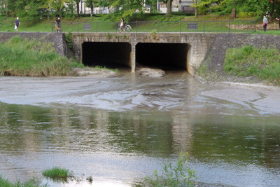 賀茂川河岸の白川放水路の暗渠から吐き出された大量の白川砂