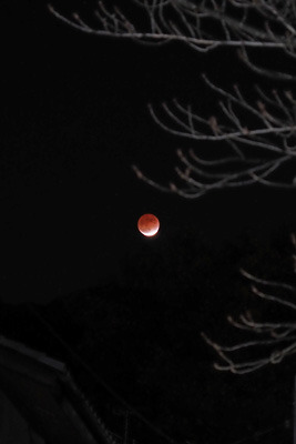 京都東山の大文字山上空で鈍く光る、深い部分月食中の赤黒い満月。