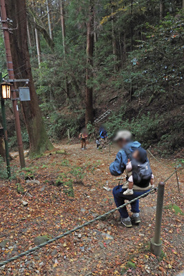 京都・醍醐寺奥から上醍醐へと続く参道途中のつづらの急坂に挑む、子連れ・背負いの山会参加者。2021年12月12日撮影