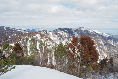 冬晴れの堂満岳山頂裏からみた、完全な雪山景と化す釈迦岳等。2022年2月12日撮影