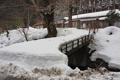 50cmを超える雪で埋もれる、京都北山・芹生集落の旧芹生小中学校前の橋。2022年3月5日撮影