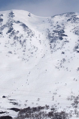旧伊吹山スキー場のゲレンデから望遠撮影した、6合目から伊吹山頂まで点々と雪面に連なる登山者の姿。2022年3月12日撮影
