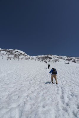 伊吹山6合目避難小屋の上に続く雪の急登。2022年3月12日撮影