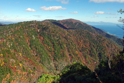 滋賀県西部・比良山脈の堂満岳後方尾根からみた釈迦岳周辺の見事な紅黄葉
