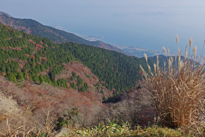 比良山脈南部のホッケ山・小女郎峠間で見た中腹の紅葉や眼下の琵琶湖.jpg