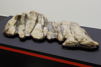 京都市勧業館みやこめっせ1階の第42回日本盆栽大観展に展示される、瀬田川虎石の水石「白雲」
