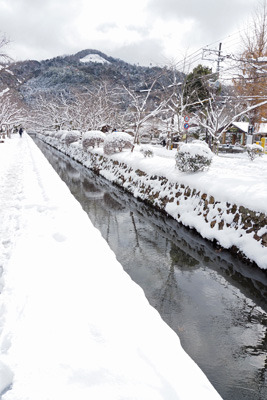 雪に覆われる銀閣寺門前下の琵琶湖疏水分線と大文字山
