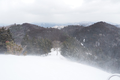 雪に覆われる京都・雲取北峰山頂で生じる地吹雪の雪