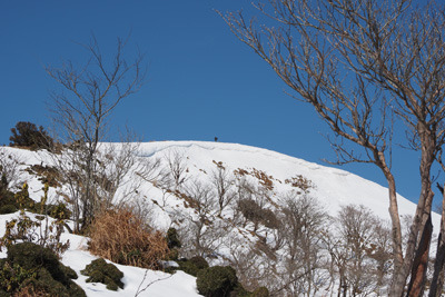 周囲の雪の少なさに反し、比良山脈・ホッケ山山頂直下に連なる盛大な雪庇